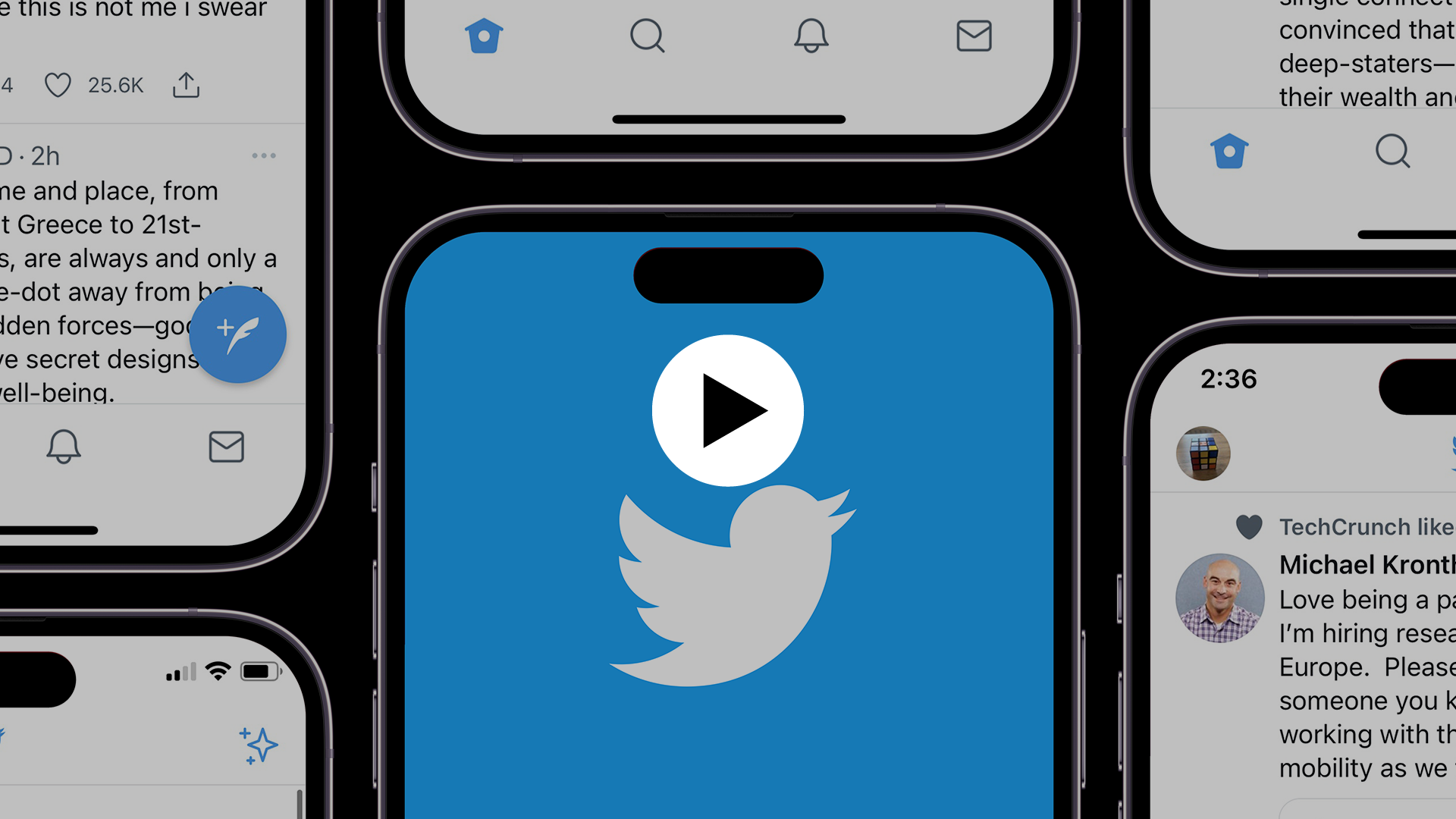Ensemble d'iPhone disposés côte à côte ; au centre, le téléphone affiche le logo de Twitter en blanc sur fond bleu. Icône play en surimpression indiquant que l'image est cliquable et mène vers un contenu vidéo.
